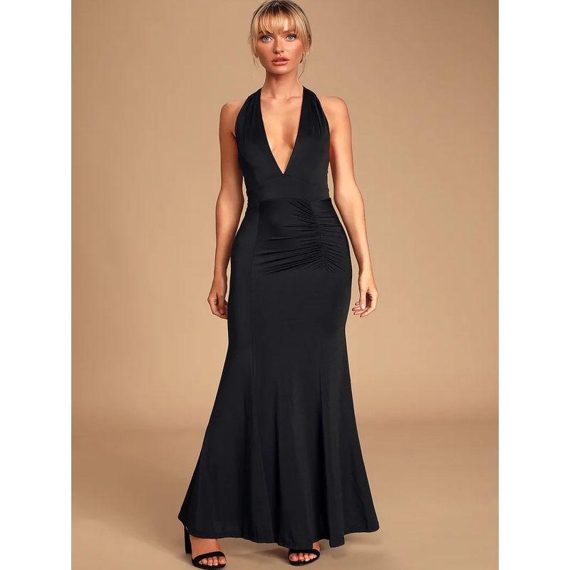 Foreign Trade Order Lu's Elastic Fabric Sexy V-neck Backless Slimming Pleat Black Hepburn Elegant Banquet Dress