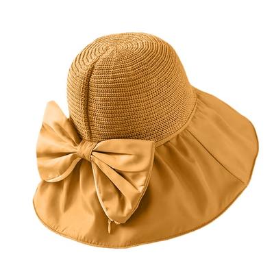 Bucket Hat Bow Decor Sun Protection Large Ruffled Brim Beach Hat Breathable Hollow