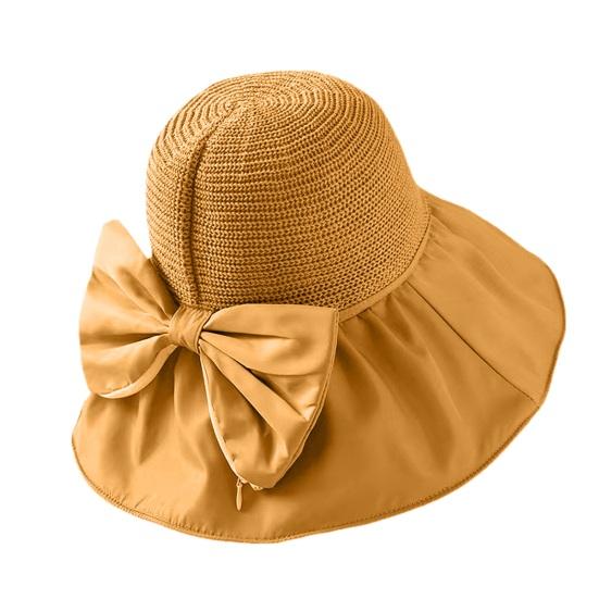 Bucket Hat Bow Decor Sun Protection Large Ruffled Brim Beach Hat Breathable Hollow Woven Top Foldable Travel Hat