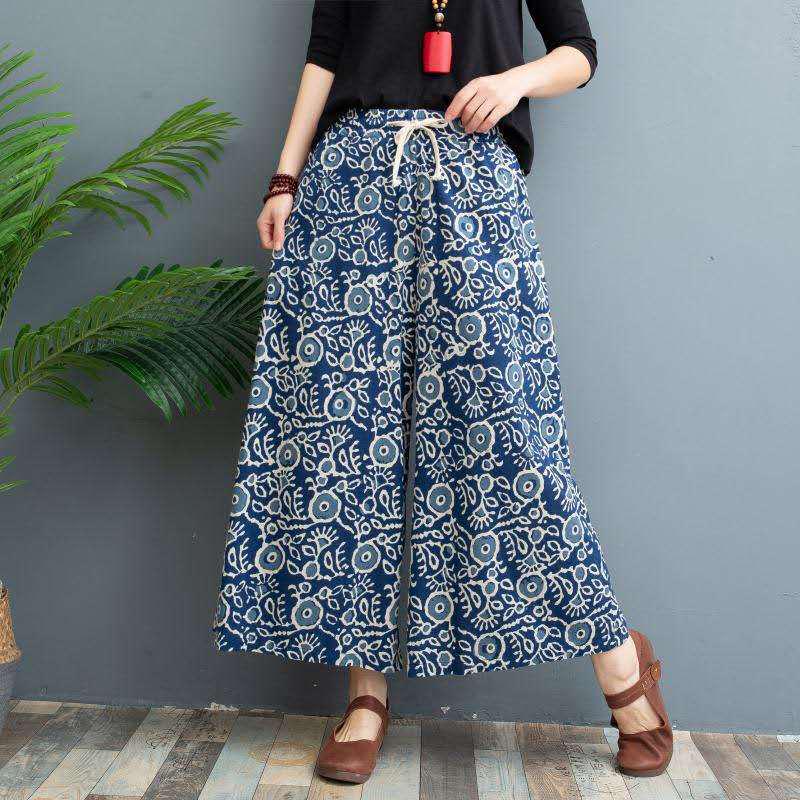 

Женские летние кюлоты из хлопка и льна с широкими штанинами - Легкие, Свободные, Большого размера, Принтованные брюки палаццо длиной до щиколотки. XXL