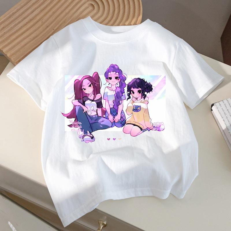 

Детская футболка KPop Demon Hunters, мультяшная белая футболка, топ, аниме, круглый вырез, короткий рукав, одежда, детская летняя одежда, подарок 130