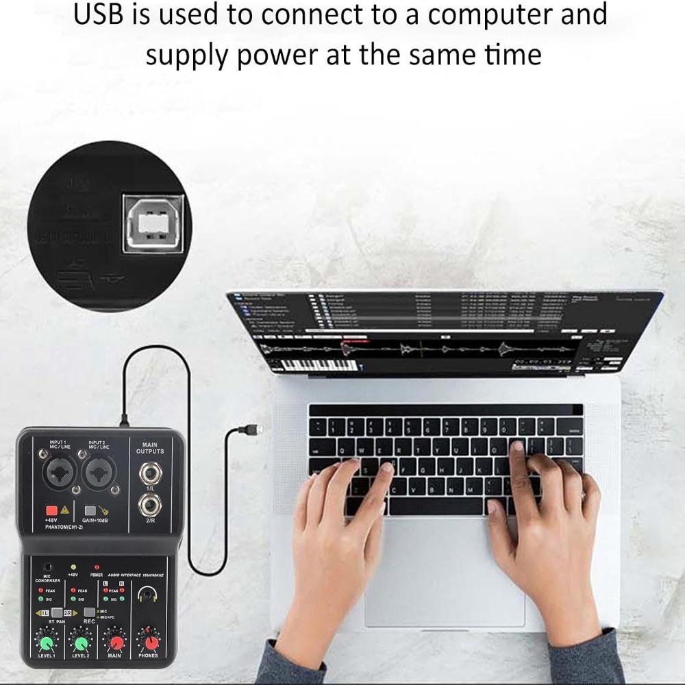 48V Power Audio Mixer Console 2 Channels USB Sound Card Sound Mixing Board  Internet Karaoke