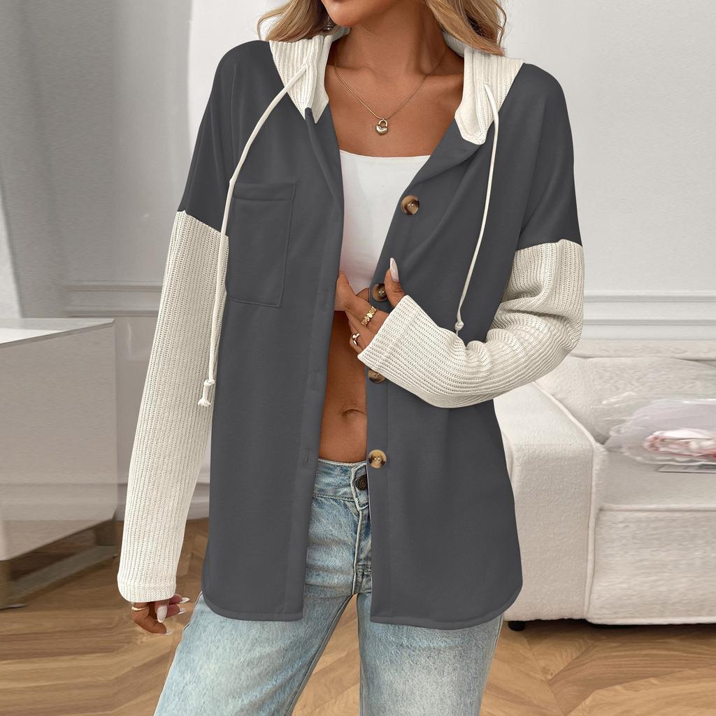 Damen Casual Splicing Langarm Strickjacke Kapuzenpullover mit Taschen