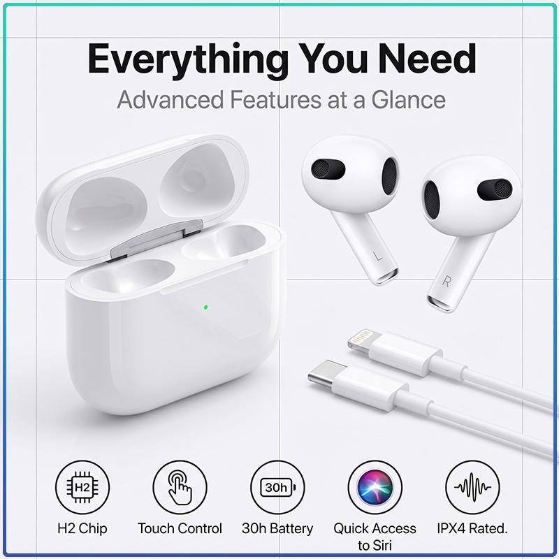 Apple Wireless Earbuds AirPods 3 360° Surround Spatial Audio Touch Control Auto Pair HD Clear Call Lightweight Sports Bluetooth Headphones