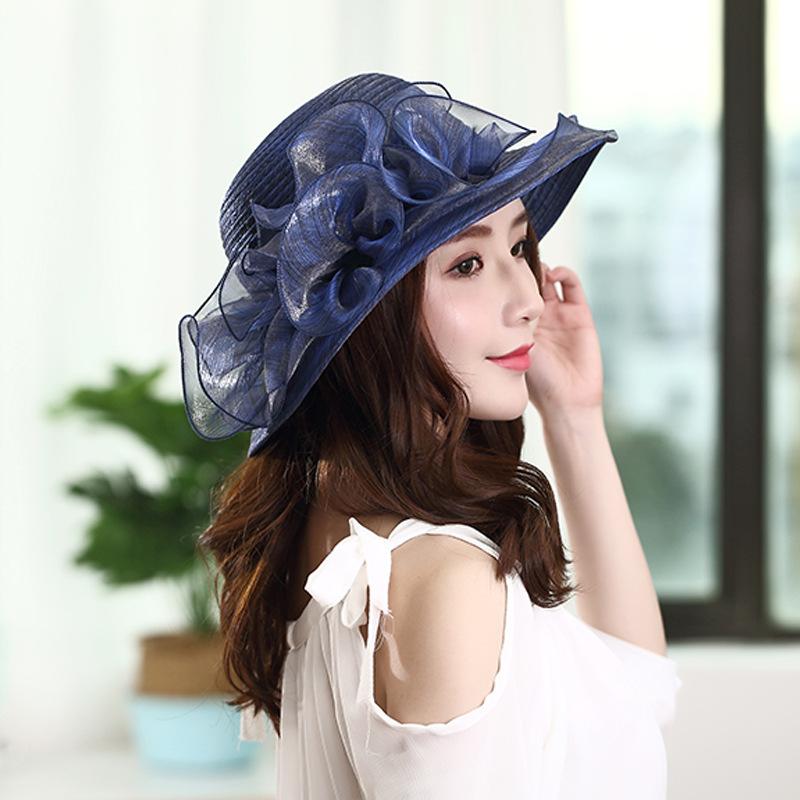 Hat women's summer European and American style organza straw woven stacking flower fashion mesh yarn hat sun protection sun hat versatile cool hat