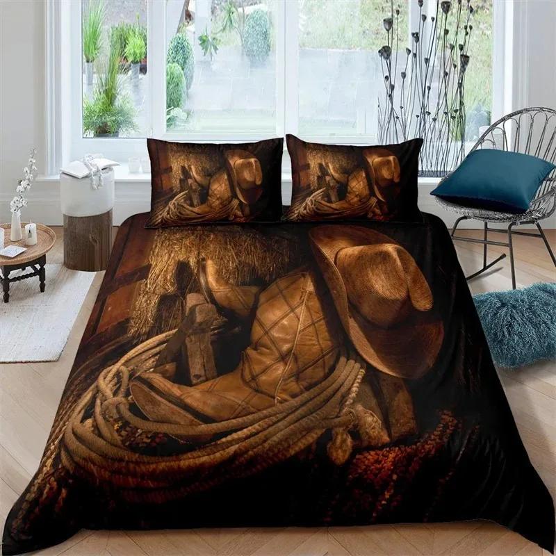 

Western Cowboy Duvet Cover Set,Vintage Riding Bull Wooden Old Sign Wilderness At Sunset Image Retro Style Bedding Set King Size 70x133cm