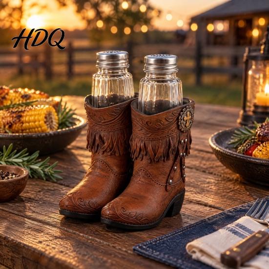 Glass Salt And Pepper Dispenser Western Cowboy Boot Resin Shaker Set Creative Boots Spice Shaped Condiment Bottles Rustic Table Kitchen Tabletop