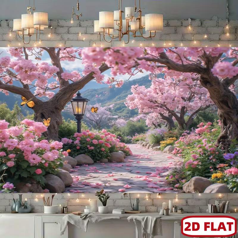 

2D Pink Sakura Garden Tapestry Cherry Blossom Path Stone Road Wall Hanging for Bedroom Living Room Party Decor 47.2x31.5inch/120*80cm