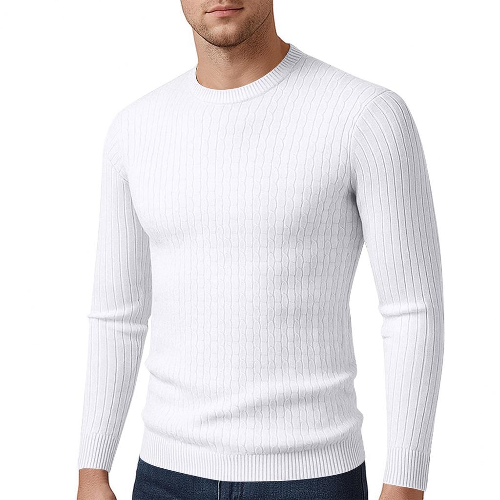 Men's Long Sleeved Solid Color Cable Knit Sweater Bottoming Shirt Slim Fit Pullover