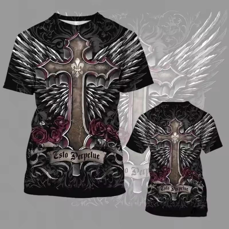 Colorful Cross Wings Pattern T Shirt Men Cool Skull 3D Printed Short Sleeve Tops Summer Casual Round Neck Loose Tee Shirts