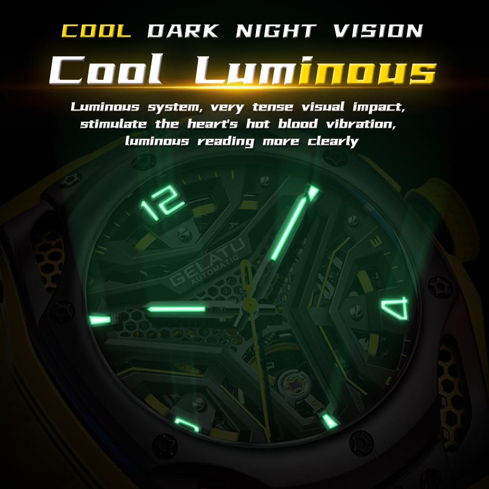 GELATU 6007 Skeleton Automatic Watches for Men Fashion Silicone Strap Hollow Waterproof Luminous Men's Mechanical Wristwatches