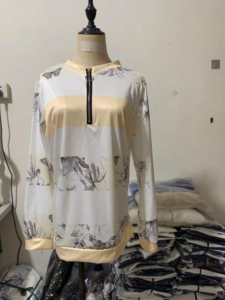 2021 Spring & Autumn Women's Striped Zipper T-shirt - Digital Print Casual Top