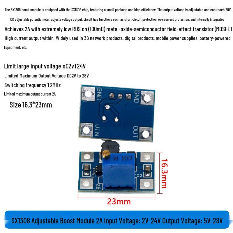 

MT3608 Adjustable DC-DC Boost Module: 2A Step-up Board, Input 3V/5V, Output 5V/9V/12V/24V
