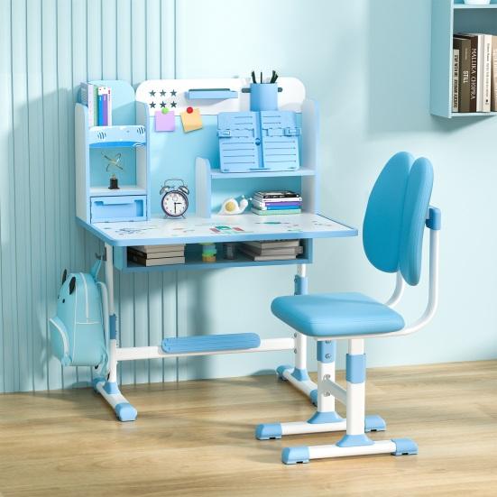 2 ks/sada Dětský psací stůl a židle Nastavitelná výška Psací stůl a židle s korektorem sezení Ergonomická židle ke stolu se stojanem na knihy (Růžová, Modrá)