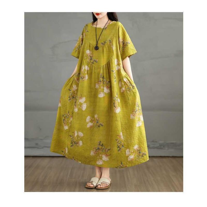 Summer Cotton and Linen Round Neck Short Sleeved Dress for Women