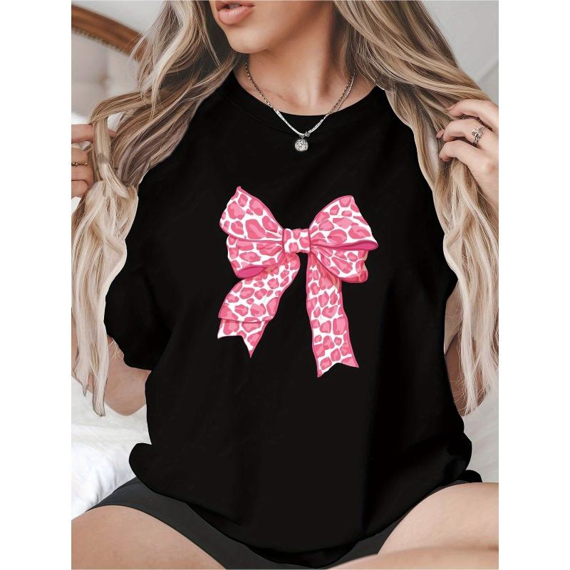 

Футболка Wo s с принтом розовых бантов - Ярко-оранжевая футболка с коротким рукавом и круглым вырезом, Свободная легкая футболка с дизайном в виде розовых бантов, S чёрный