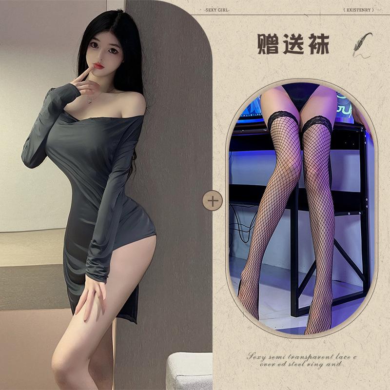 Split Perspective Sex Underwear Sexy Nightclub Style Uniform Hot Free Ice Silk Large Dress