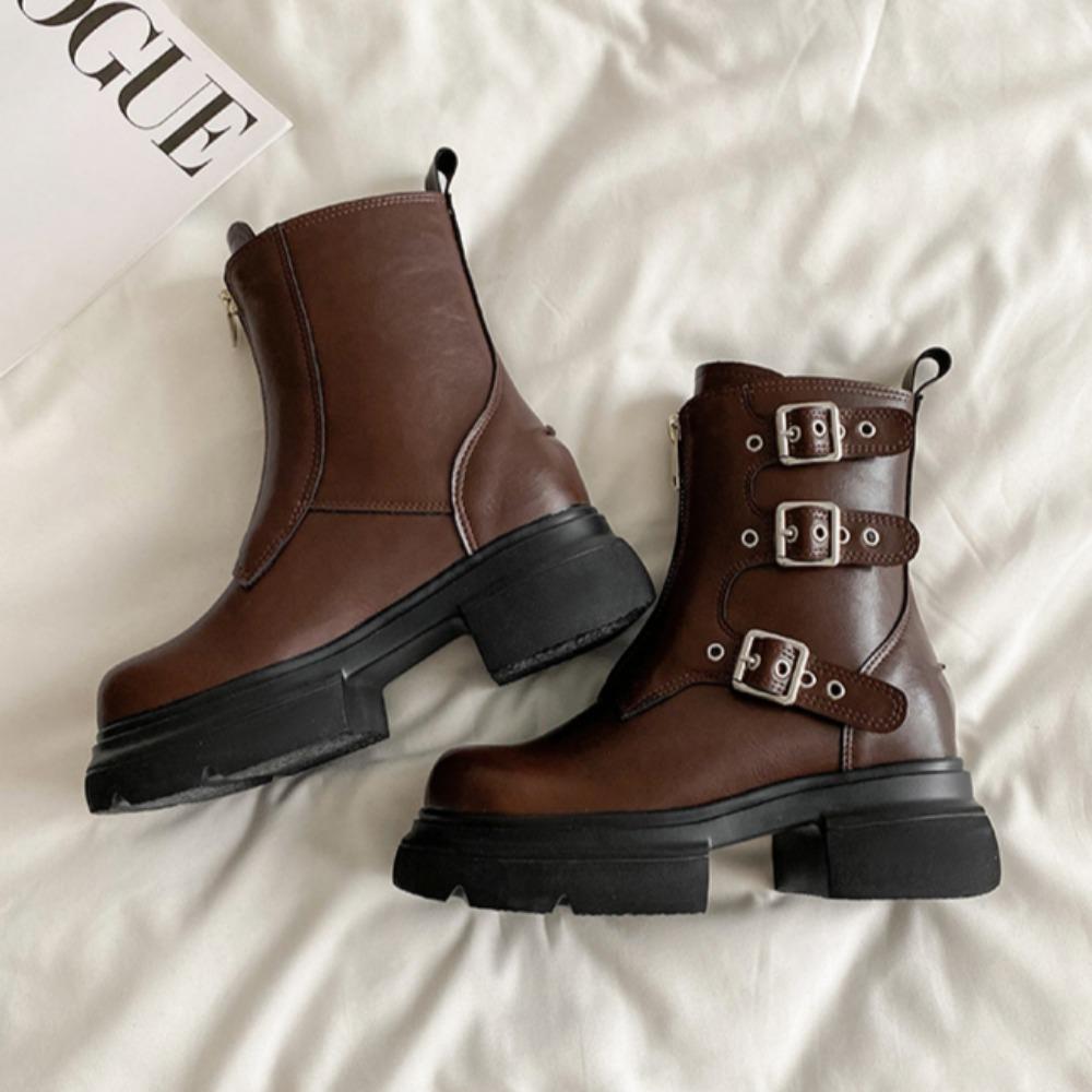 Platform Boots Internal Height Increasing Short Boots Womens Shoes Spring Autumn Single Boot British Style Motorcycle Boots