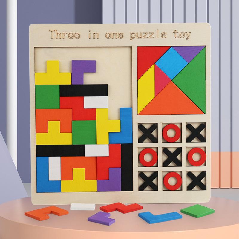 Wooden Children's Puzzle Tetris Tangram Game Chess Three-in-one Puzzle Building Block Early Education Toy Building Block