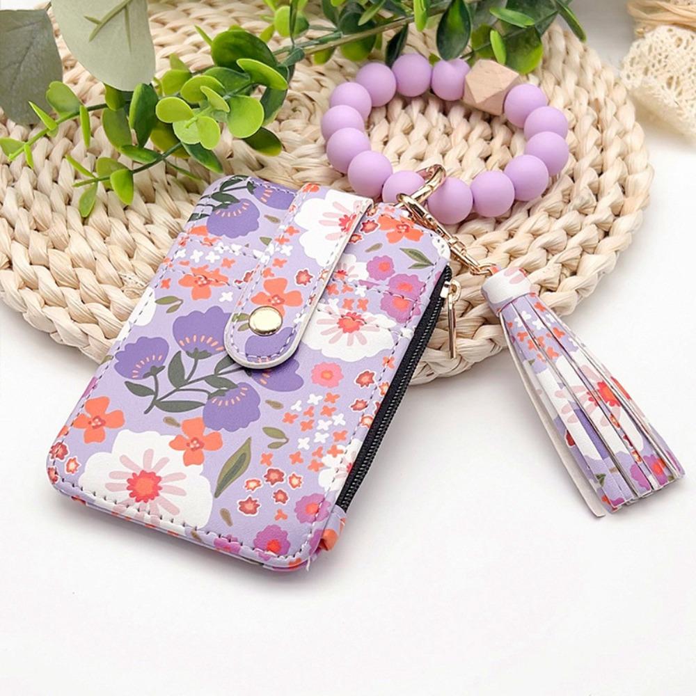 PU Leather Boho Beaded Wallet Keychain Multifunctional Portable Decorated Wristlet Keychain Wallet Floral Pattern фиолетовый