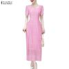 ZANZEA Women Square Collar Summer Casual Short Sleeve Patchwork Lace Dress