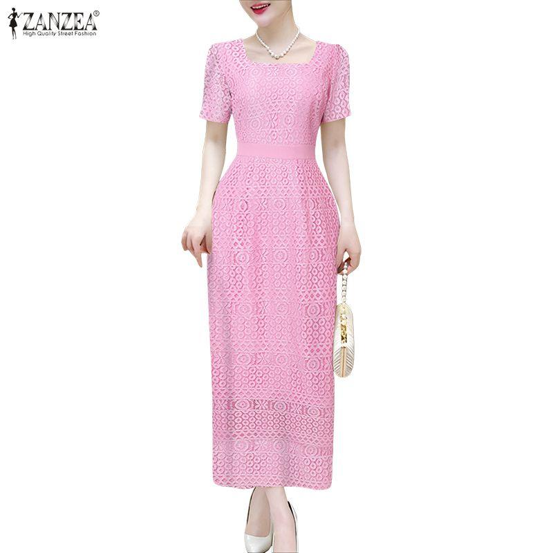 ZANZEA Women Square Collar Summer Casual Short Sleeve Patchwork Lace Dress