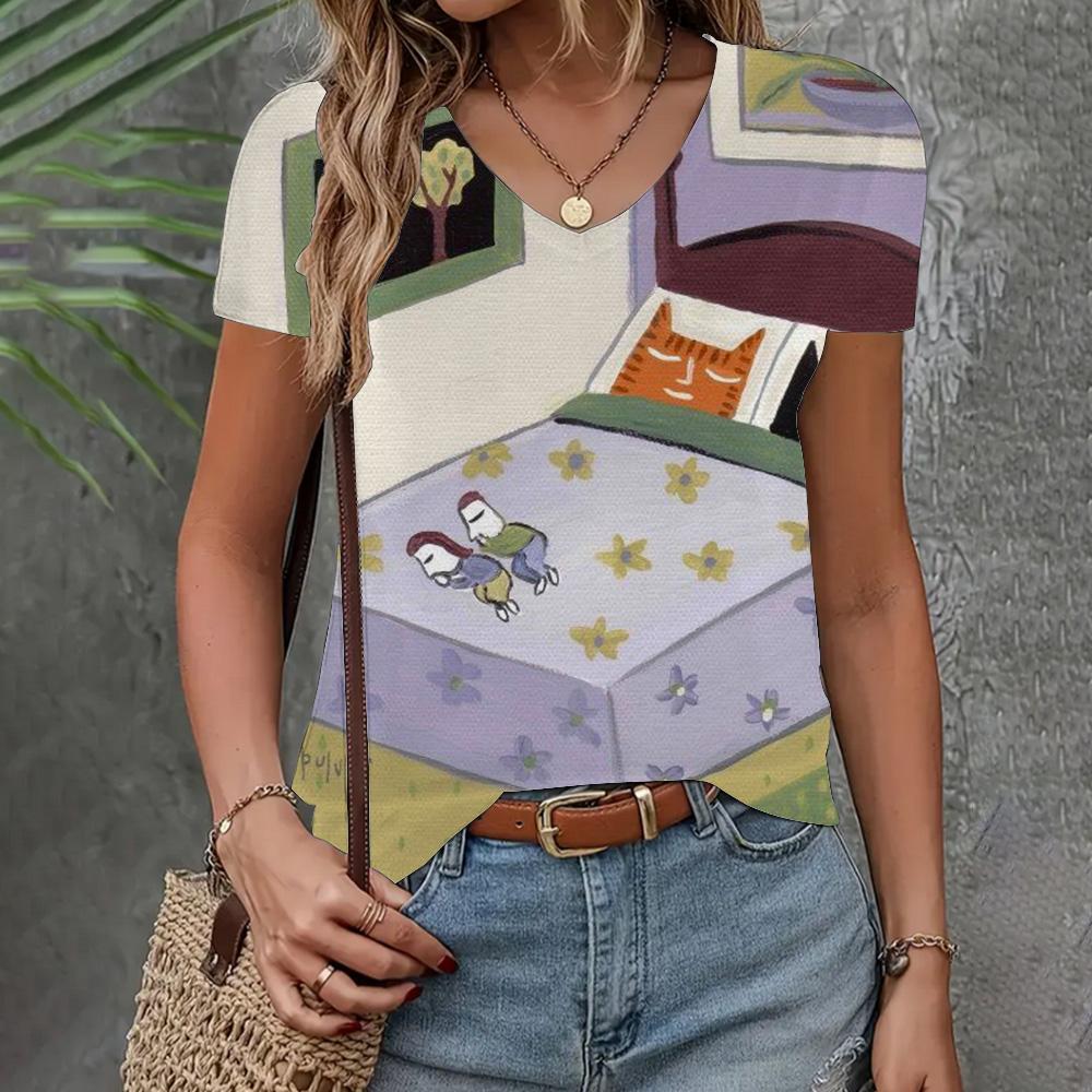 Women's T-shirt Casual Loose  Clothing Cat Pattern Top Summer New Fashion V-neck