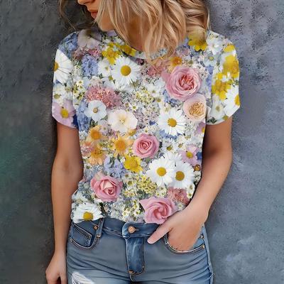 Sommer Rundhals 3D Mehrfarbiger Blumendruck Top Modische Lässige Kurzarm Damen T-Shirts