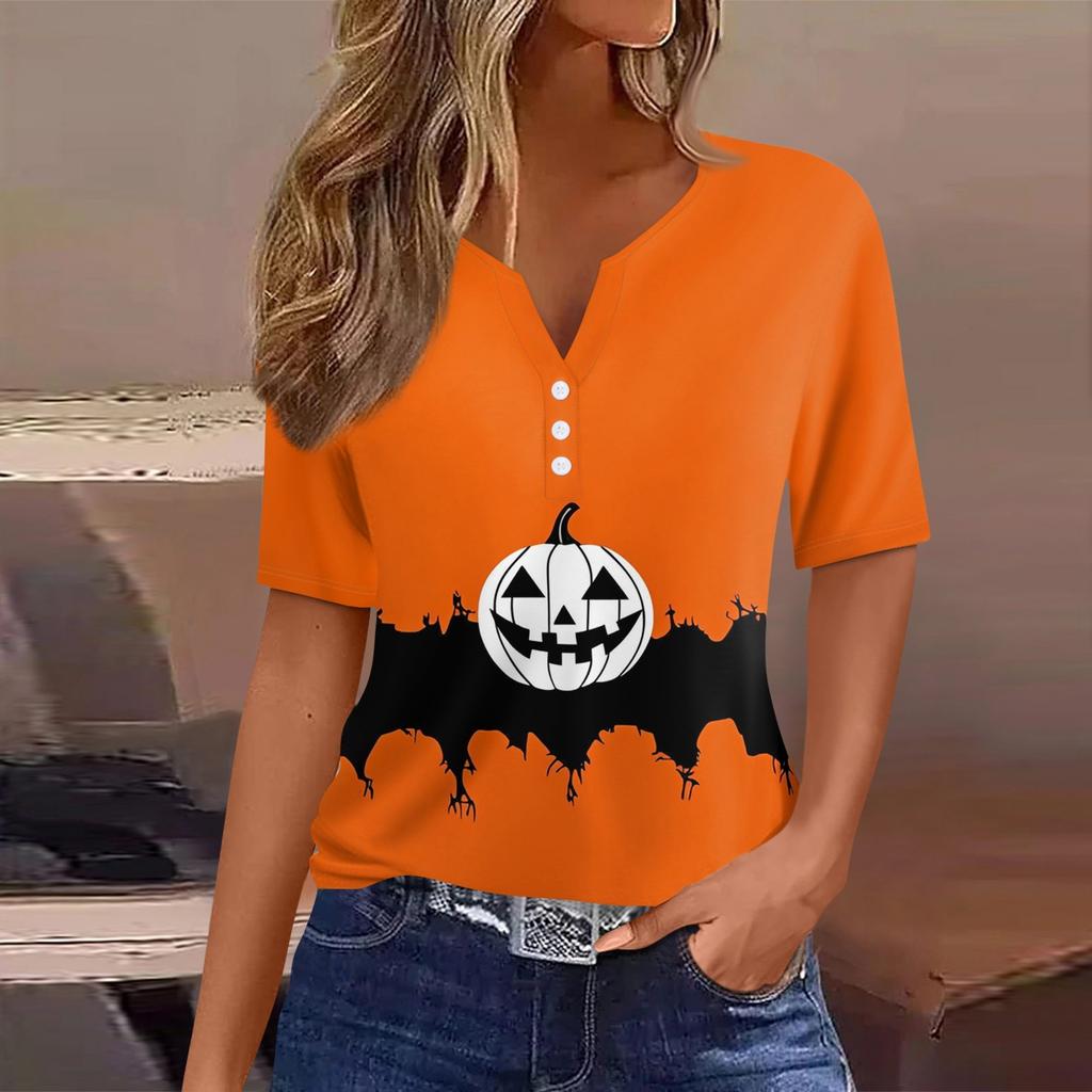 Women's T Shirt Tee Halloween Printed Button Short Sleeve Tunic Daily Weekend Fashion Basic V- Neck Regular Top