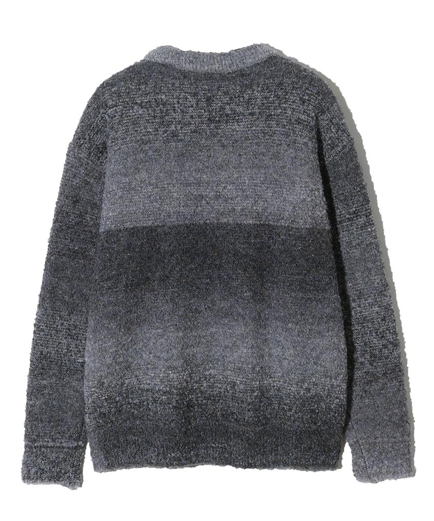 NODU Npn Gradient Boucle Two-Tone Striped Round Neck Long Sleeve Knit [Black]