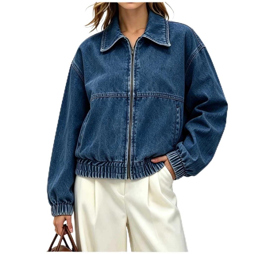 Veste en jean décontractée rétro pour femme à manches longues, col à revers et fermeture éclair sur le devant