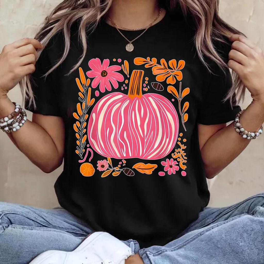 Preppy Floral Pumpkin Harajuku Tshirt Female Fashion Retro Tshirt Oversized Tshirt Casual Style Street Trend Graphic Y2K