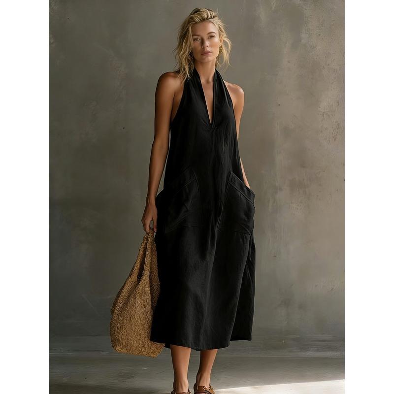 QICED Abiti casual da donna alla moda per estate e primavera, tinta unita, stampa, scollo a V, senza maniche
