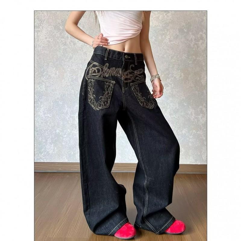 Black High-Waisted Wide-Leg Denim Pants Water Washed Loose Straight Fit Casual Jeans Men