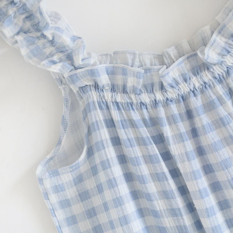 Damen Sommer Baumwollgarn Reine Baumwolle Dünn Träger Nachthemd Locker Mittellang Süß und Lieblich Langes Hauskleid Sexy