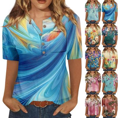 Camisetas para mujer, blusas plisadas con cuello en V, elegantes e informales, estampadas, de manga corta, de verano, corte holgado