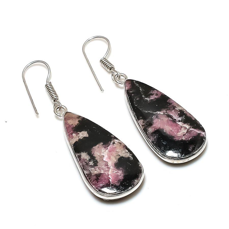 Natural Rhodonite Gemstone Handmade 925 Sterling Silver Jewelry Earring 1.85" S9r86