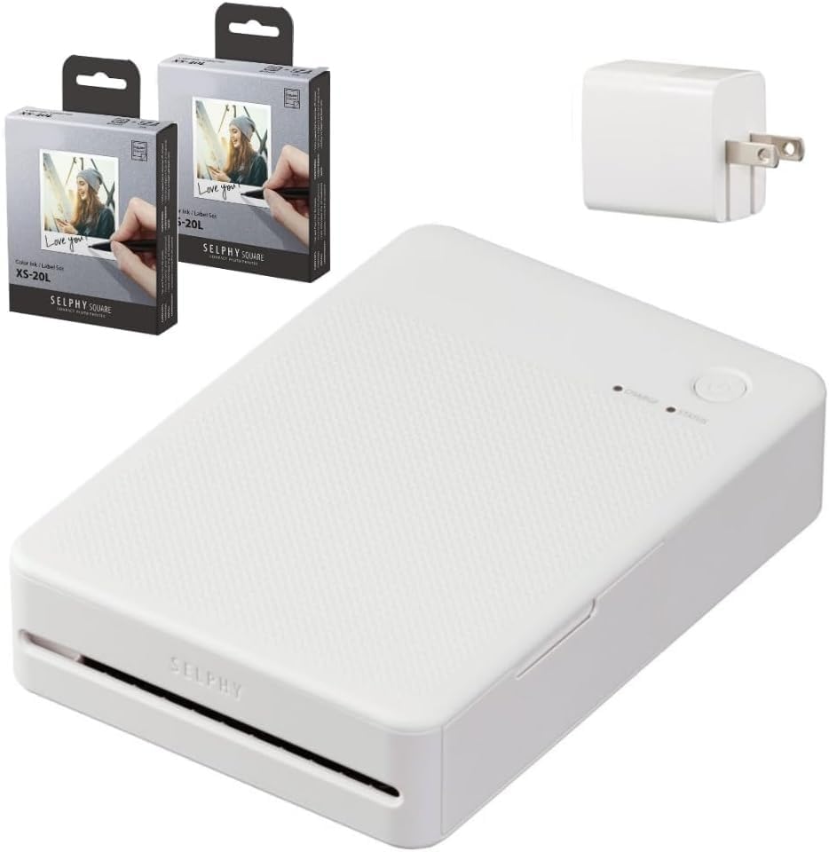 Canon Selfie QX20 Smartphone Printer White WH 6753C001 & Genuine Labels (40 sheets) Ink Set XS-20L & USB Adapter 3-Piece Set (Printer, 40 sheets of pa