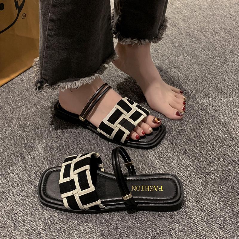 Women's 2024 Summer Square Toe Canvas Plaid Flat Sole Roman Sandals