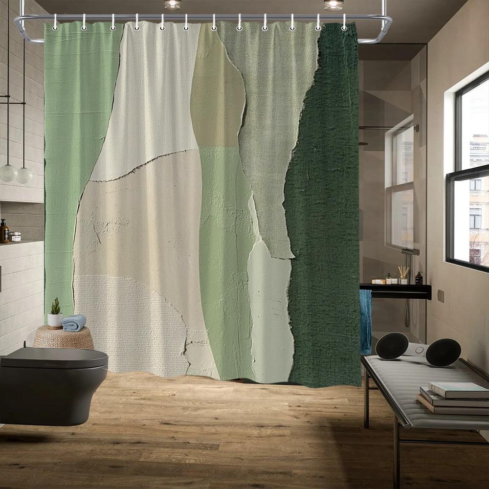 1 Pezzo Tenda da Doccia Moderna Astratta Texturizzata, Verde e Beige, Patchwork in Poliestere, Lavabile in Lavatrice, Resistente allo Sbiadimento, Decorazione Bagno Tessuta