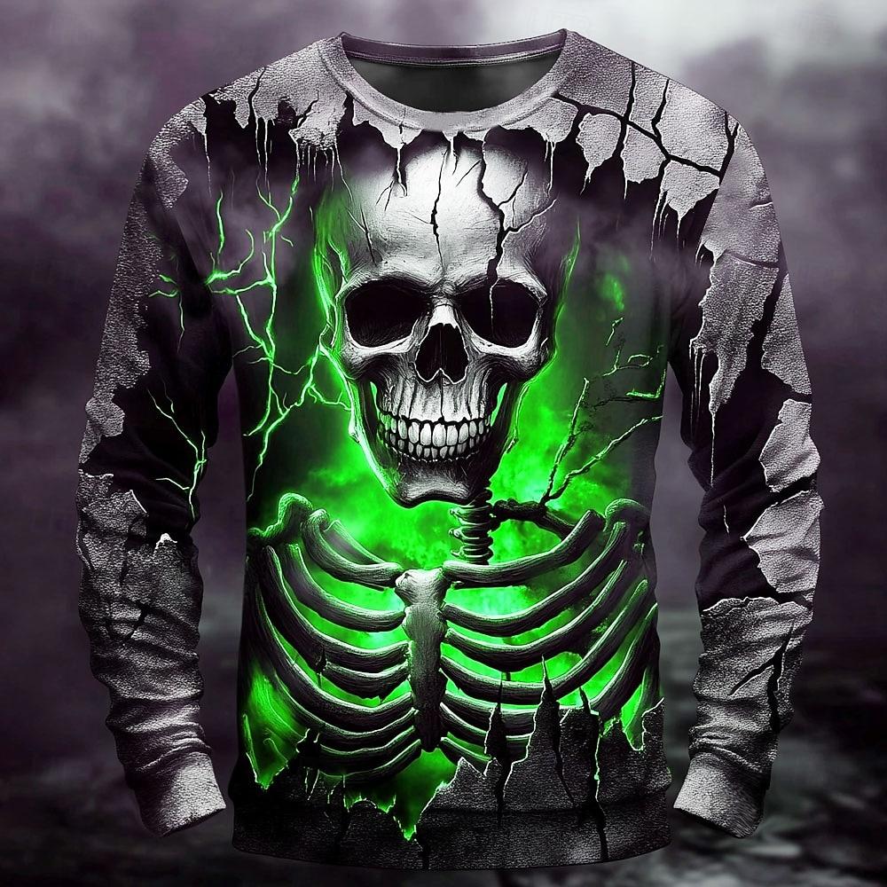 2025 Fall Winter Fashion Skeleton Prints Long Sleeve T-Shirts for Men Gothic Trendy Streetwear Casual Tops Halloween Party Tee