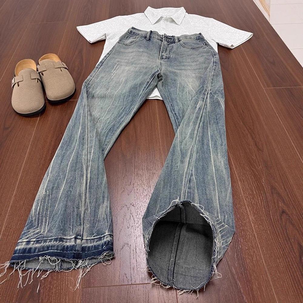 

Washed and Made Old Lightning Pattern Jeans Men s American High Street Rough Edge Design Straight Tube Slightly Elastic and Thin Pants 3XL синій