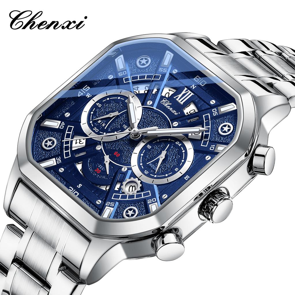 Original CHENXI Watch Fashion Multi-functional Calendar Quartz Luminous Gold Stainless Steel Waterproof Square Watches For Men