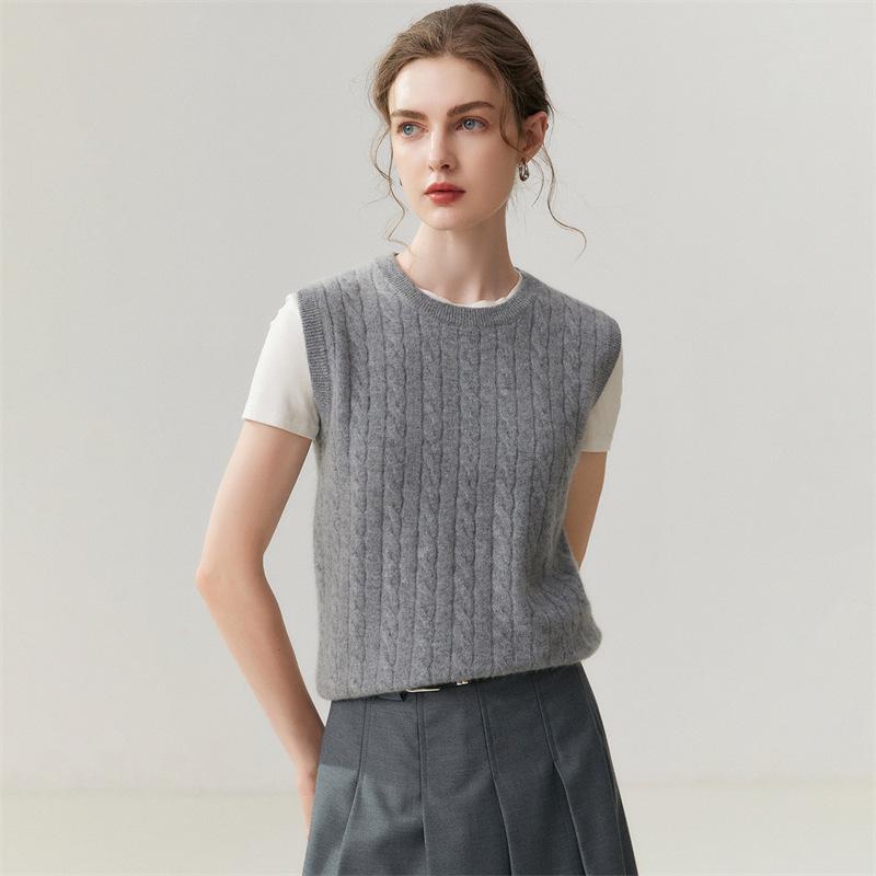 Lekasha Women's 100% Pure Cashmere Sleeveless Cable Knit Sweater for Autumn & Winter