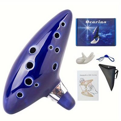 12-Hole Ceramic Ocarina Flute In C Key with Color Box, Protective Pouch, Stand, and English Instruction Manual