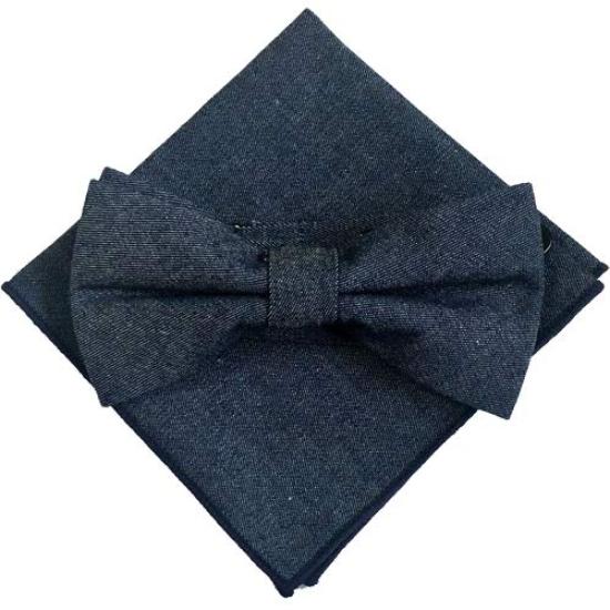 

[Nanairo Bow Tie Specialty Shop] Denim Indigo Blue [Bow Tie and Pocket Square 2-Piece Set for Men - One-Touch, Formal, Jeans, Casual, After-Party,