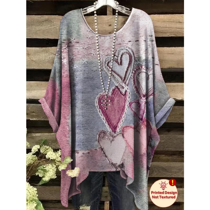 Women's T-shirt Printed Design Tops Elegant Oversized Minimalist Vintage Heart Pattern Print Irregular Hem Round Neck T-Shirt