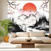 Japanische Berg-Wandbehang für Schlafzimmer, Ästhetische Anime Schwarz-Weiß Kunst Wandteppich, Aquarell Landschaft Wandbehang
