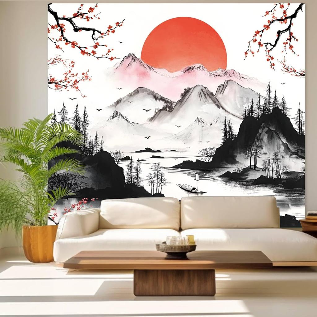 Japanische Berg-Wandbehang für Schlafzimmer, Ästhetische Anime Schwarz-Weiß Kunst Wandteppich, Aquarell Landschaft Wandbehang