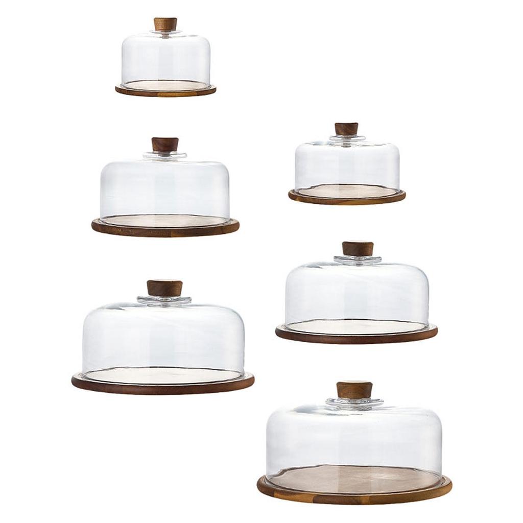 Cake Display Server Tablet Stand with Dome Plate Glass Dessert Wood Serving Shell for